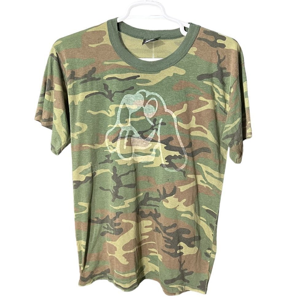 Vintage Fox Outdoor Products Print All Over Camo Dog Graphic Short Sleeve Tee
